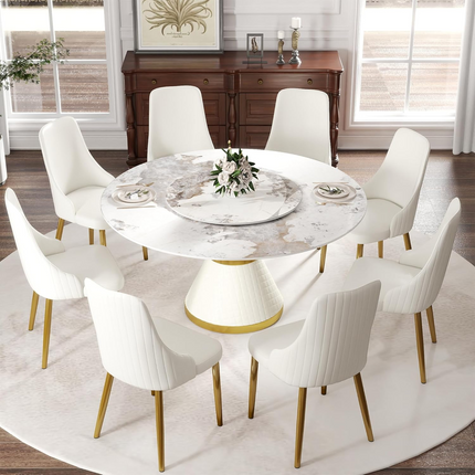59.05'Modern artificial stone round white carbon steel base dining table-can accommodate 8 people
