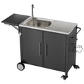 Outdoor Grill Table with Sink, Metal Worktable Kitchen Cabinet Island with Foldable Top and Storage Cabinet, Rolling Grill Cart with Wheels for Garden, Backyard and Lawn, Black