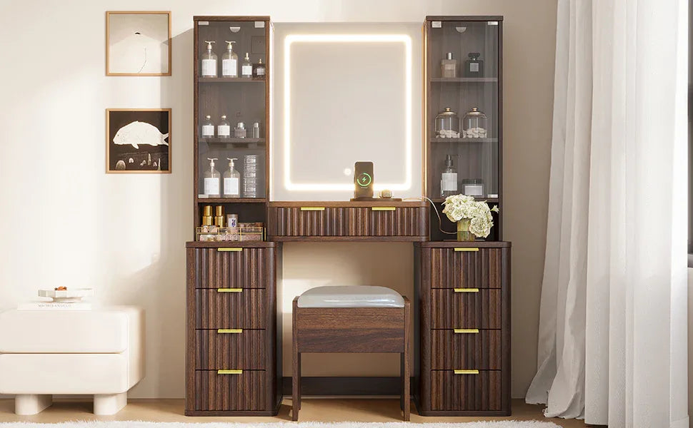 43.5' Fluted Makeup Vanity Desk with Mirror and Lights, Modern Glass Top Vanity Table with 10 Drawers & 2 Transparent Glass Cabinets, Dressing Table Set with Stool and Charging Station, Brown - Eloy Royal