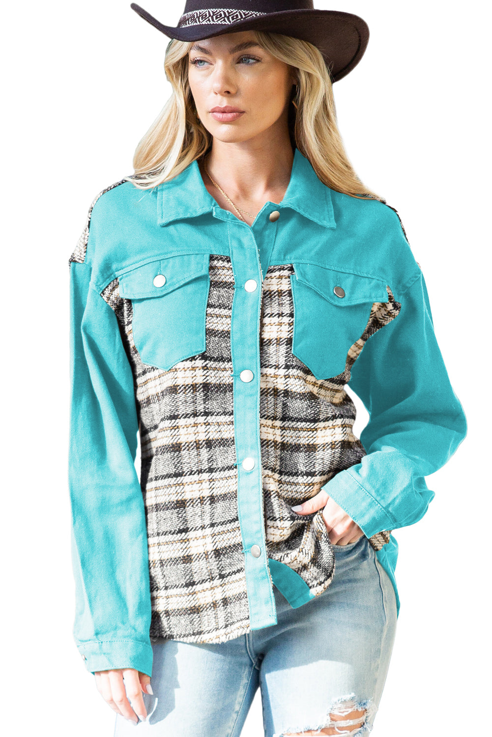 Wholesale Brown Plaid Patchwork Pockets Denim Jacket - Eloy Royal