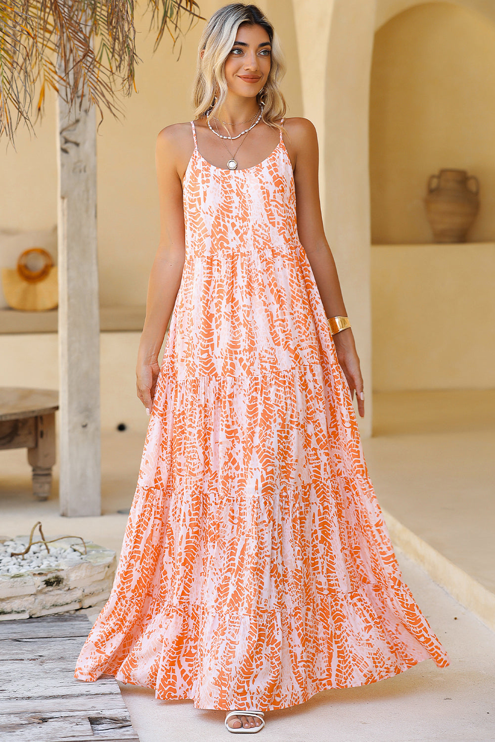 Orange Abstract Print Backless Tiered Maxi Dress - Eloy Royal