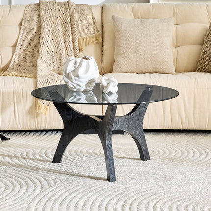 31.5' Glass Coffee Table, Mid-Century Modern Style, Ideal as a Centerpiece for Living Rooms, Bedrooms, Reception Areas, and Offices (Black Wood Grain)
