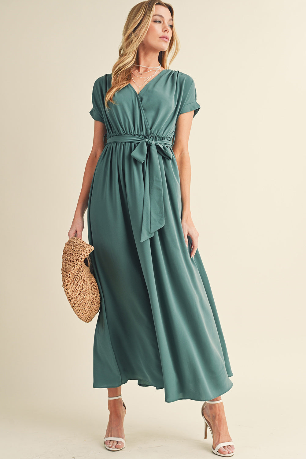 Wholesale Green Wrap V Neck Belted Pleated Maxi Dress - Eloy Royal