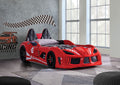 Red Finish Twin Size Race Car Design Bed Modern Novelty Style Attached Two Magnetic Doors With LED Lights On Wheels Bottom Upholstery HB And Sides