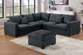 Modern Style L-Shaped 4pc Sectional Set Cocktail Ottoman Square Arms Throw Pillow Corduroy Upholstered Black Finish Primary Living Room