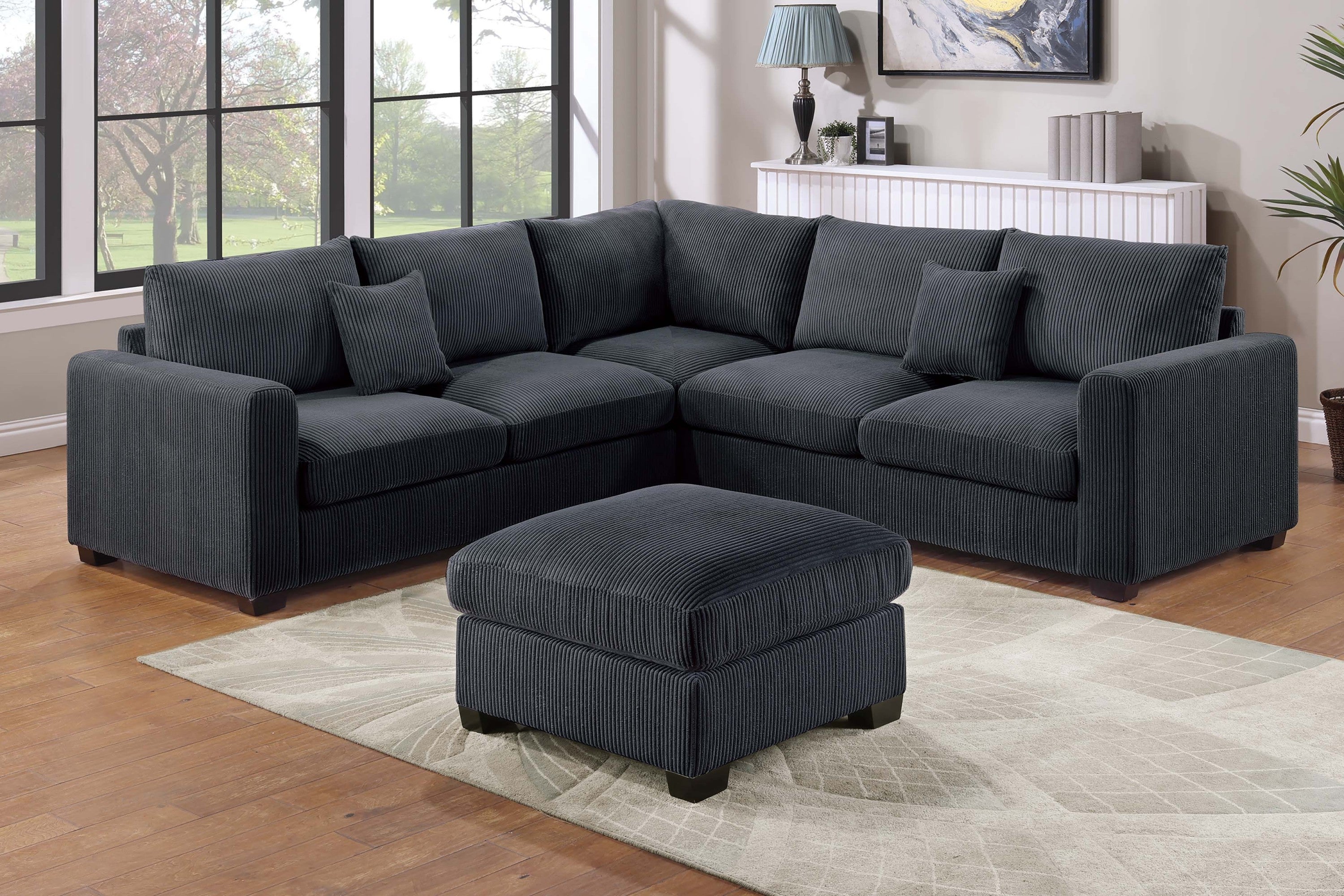 Modern Style L-Shaped 4pc Sectional Set Cocktail Ottoman Square Arms Throw Pillow Corduroy Upholstered Black Finish Primary Living Room