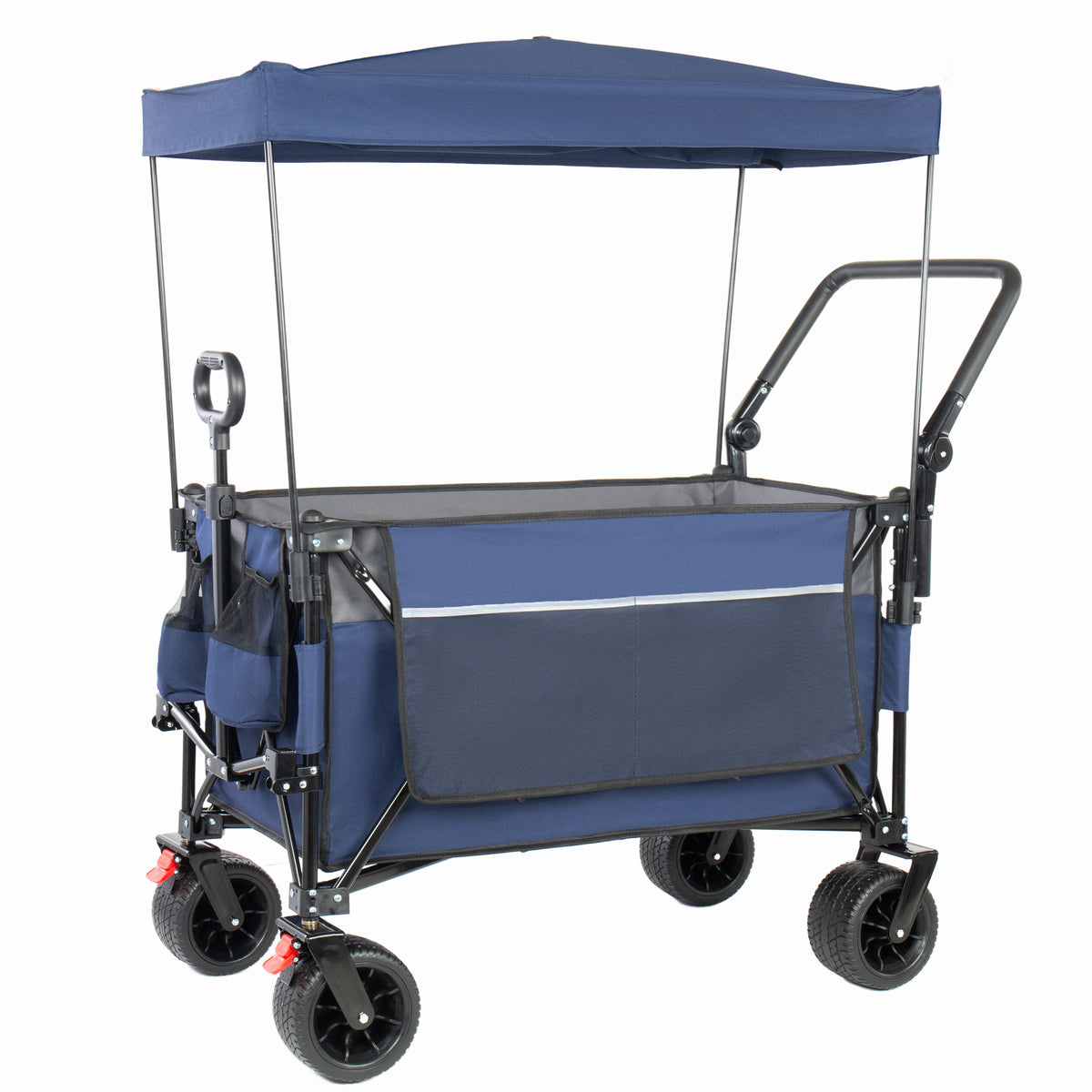 Multi-Functional Push-Pull Folding Wagon Cart with Rotating Handle & Canopy, 7''x4''All-Terrain Wheels & Brakes, Load Capacity 480lbs, 300L Large Capacity for Transport, Groceries, Outdoor Use, Blue