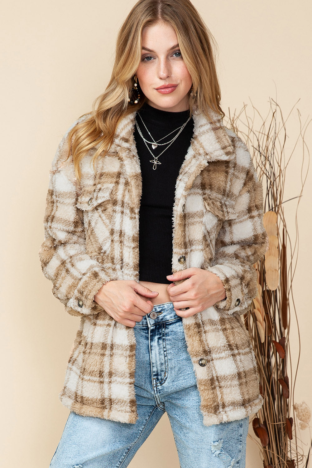 Khaki Sherpa Plaid Button Pocketed Jacket - Eloy Royal