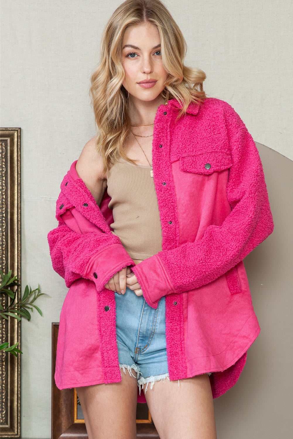 Rosy Faux Suede Sherpa Patchwork Button Up Shacket - Eloy Royal