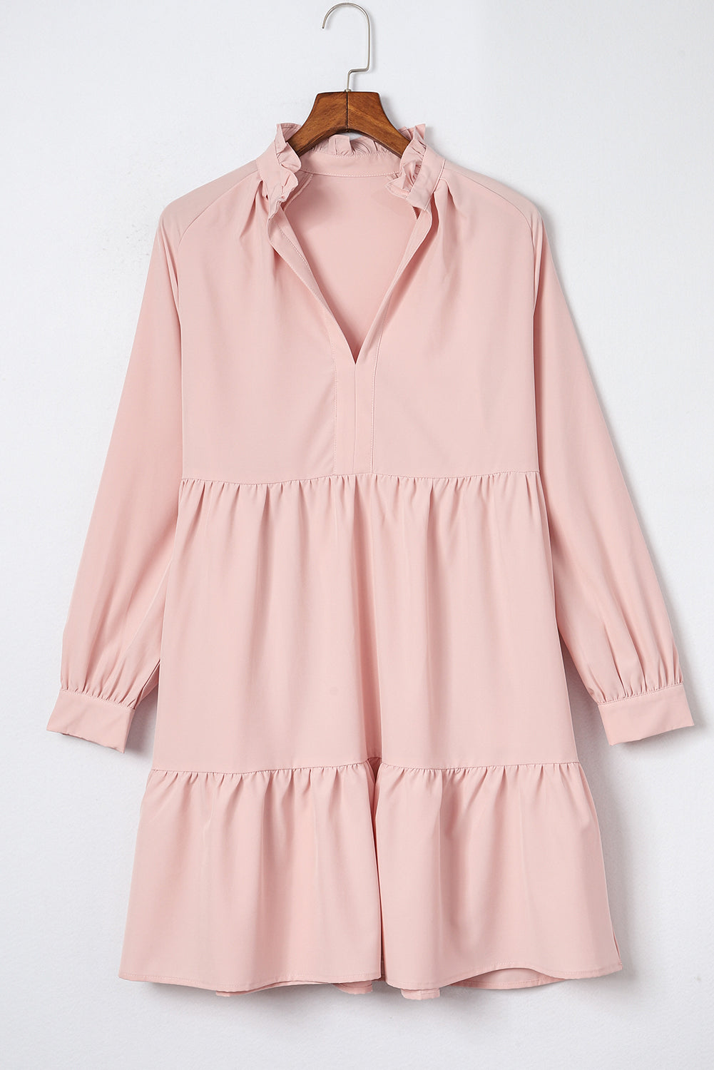 Pink Casual Stand V Neck Short Frill Dress - Eloy Royal