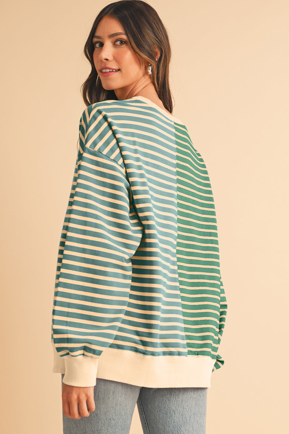 Brown Stripe Colorblock Drop Shoulder Oversize Sweatshirt