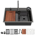 Gunmetal Black Waterfall Kitchen Sink with Pull-Out Faucet and Cup Washer, 31.5 x 21 inch, 16 Gauge Stainless Steel