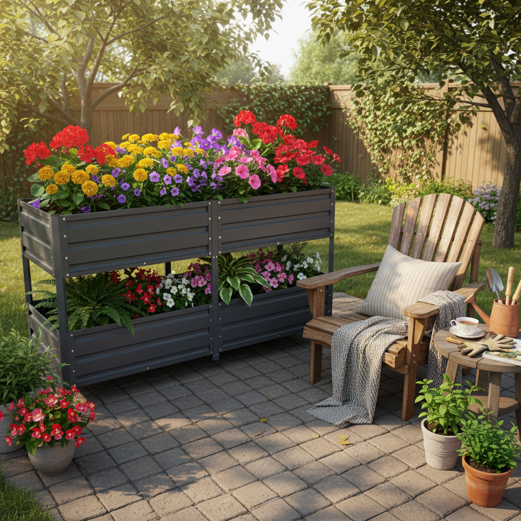 Dual Tier Staggered Elevated Metal Raised Garden Bed with Lockable Wheels, Grey 2-Layer Self-Watering Raised Planter Box for Vegetables, Herbs & Flowers, Outdoor Patio Backyard Planting Bed