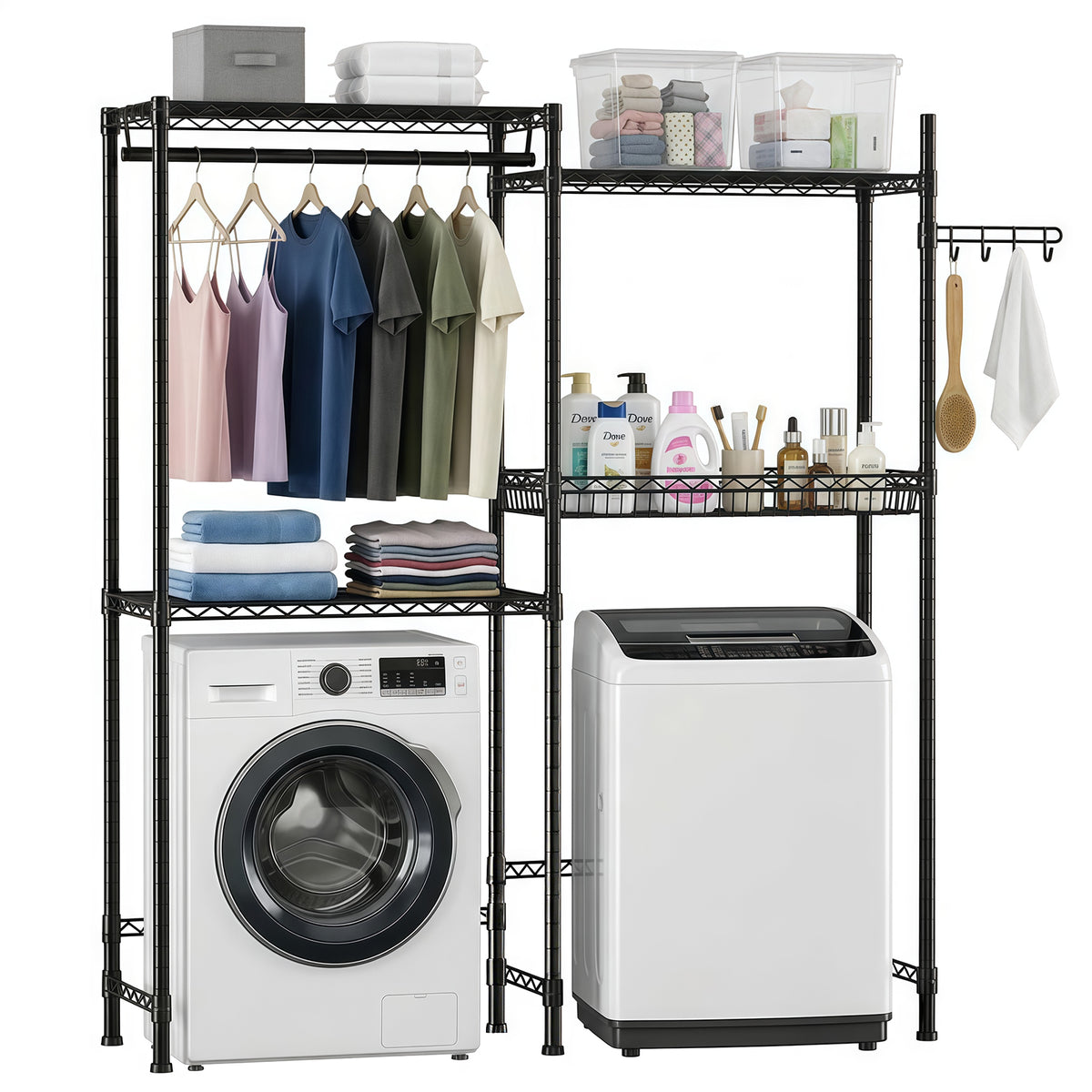 Over Washer and Dryer Shelves,  4 Tier Laundry Room Clothes Drying Rack Wire Basket & Rotating Side Hook, Heavy Duty Laundry Drying Rack, Space Saving and Adjustable Shelves, Black