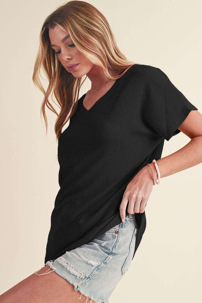 Black Plain Crinkled V Neck Short Sleeve Blouse