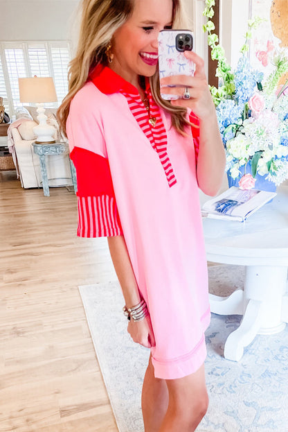 Pink Stripe Colorblock Sleeve Collared Mini Dress - Eloy Royal