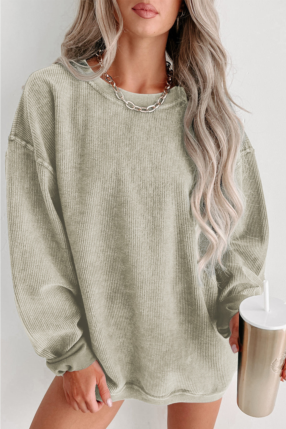 Khaki Solid Ribbed Round Neck Pullover Sweatshirt - Eloy Royal