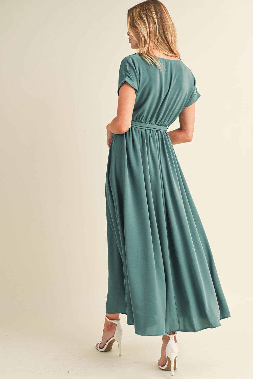 Wholesale Green Wrap V Neck Belted Pleated Maxi Dress - Eloy Royal