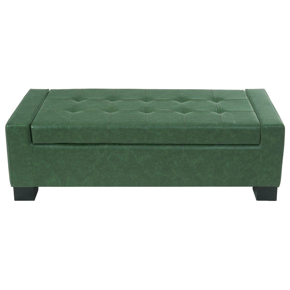 Green Tufted PU Leather Storage Ottoman Bench with Solid Rubber Wood Legs, 50.08' Indoor Footrest in Green, MDF & Plywood Frame