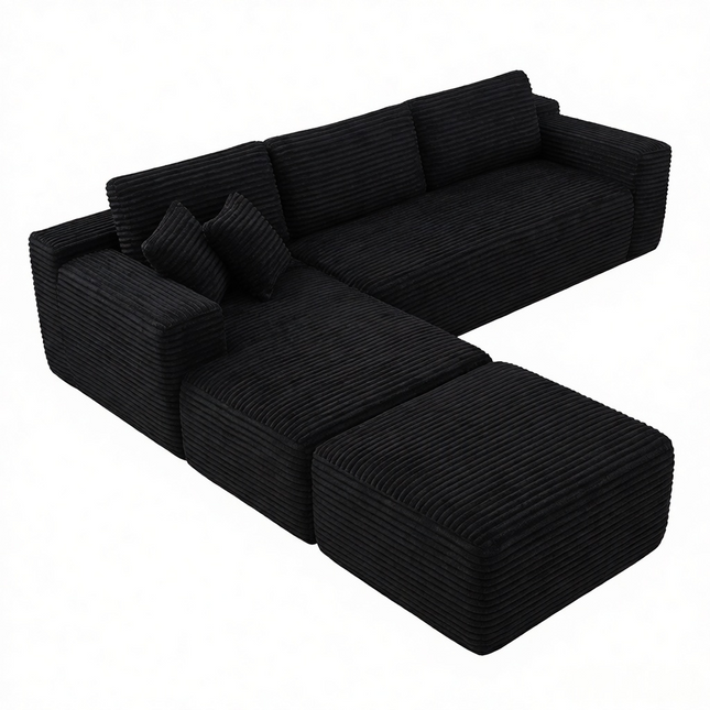 106.5' L-Shaped Corduroy Upholstered 3-Seat Lounge Sofa with Ottoman, Left Hand Facing