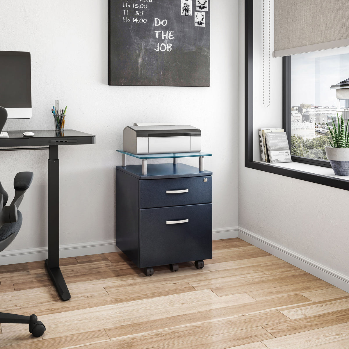Rolling File Cabinet with Glass Top, Graphite
