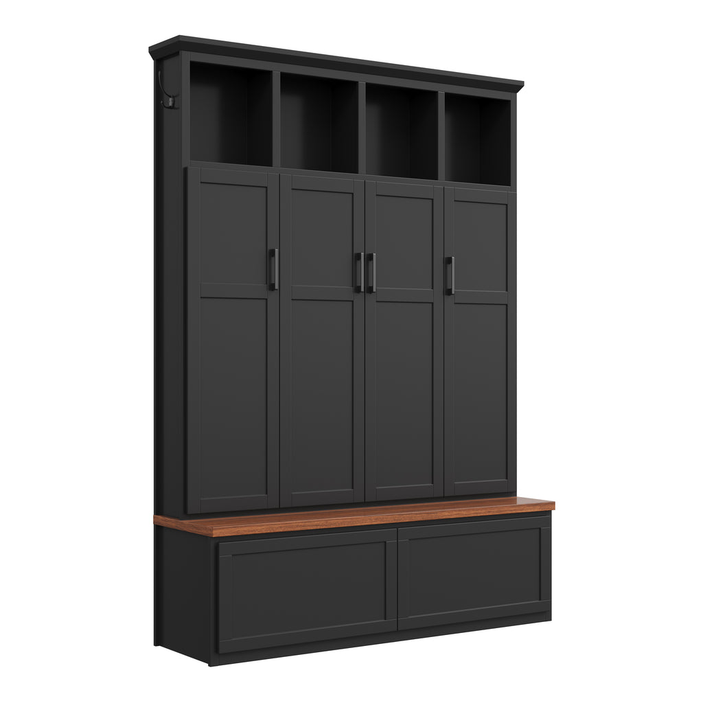 Modern Farmhouse Hall Tree with 4 Hidden Cabinets, Mudroom Coat Rack with Open Shelves, Mid-Century All-in-One Entryway Storage Walnut Bench with Drawers & 6 Hooks for Hallway, Black