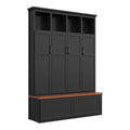 Modern Farmhouse Hall Tree with 4 Hidden Cabinets, Mudroom Coat Rack with Open Shelves, Mid-Century All-in-One Entryway Storage Walnut Bench with Drawers & 6 Hooks for Hallway, Black