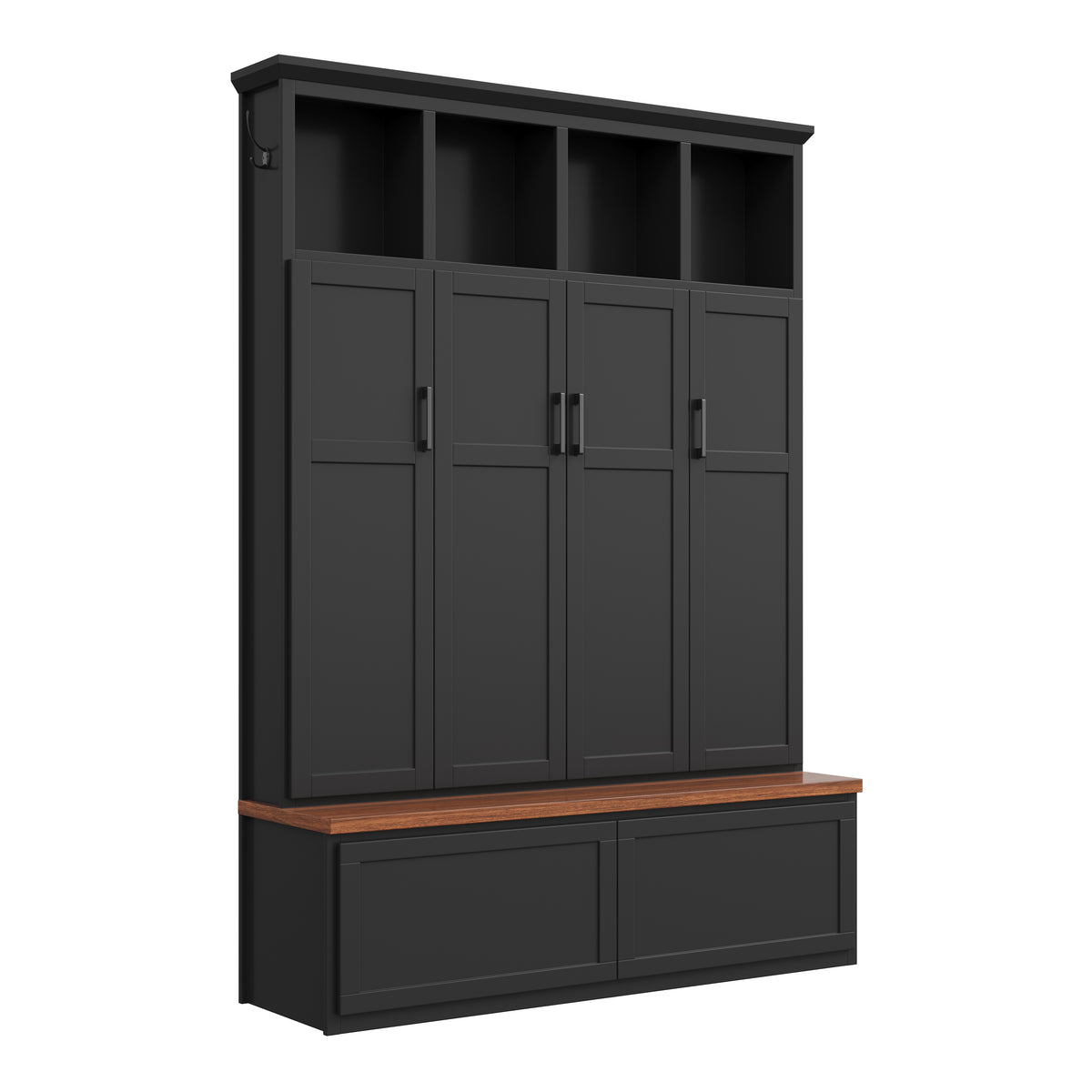 Modern Farmhouse Hall Tree with 4 Hidden Cabinets, Mudroom Coat Rack with Open Shelves, Mid-Century All-in-One Entryway Storage Walnut Bench with Drawers & 6 Hooks for Hallway, Black