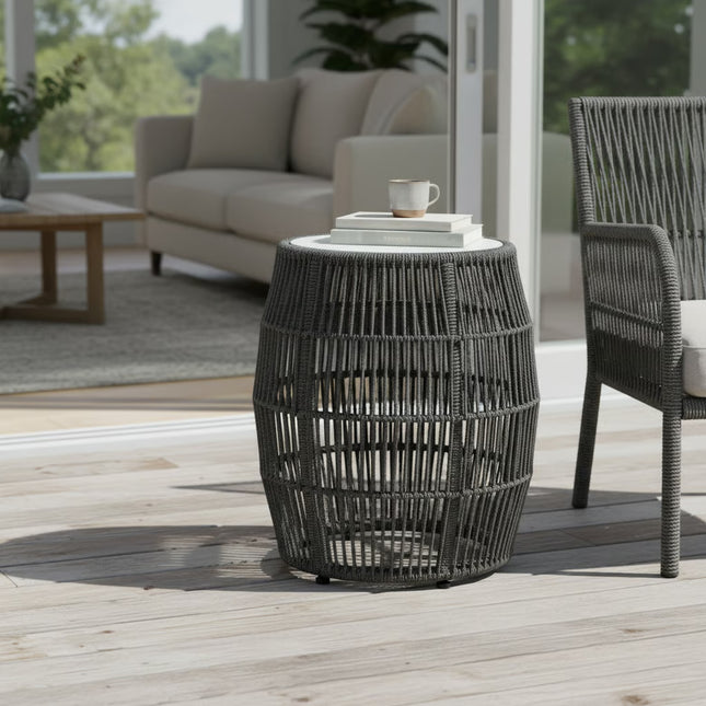 Uposa Indoor Outdoor Garden Stool End Table in Charcoal Rope and Gray Superstone