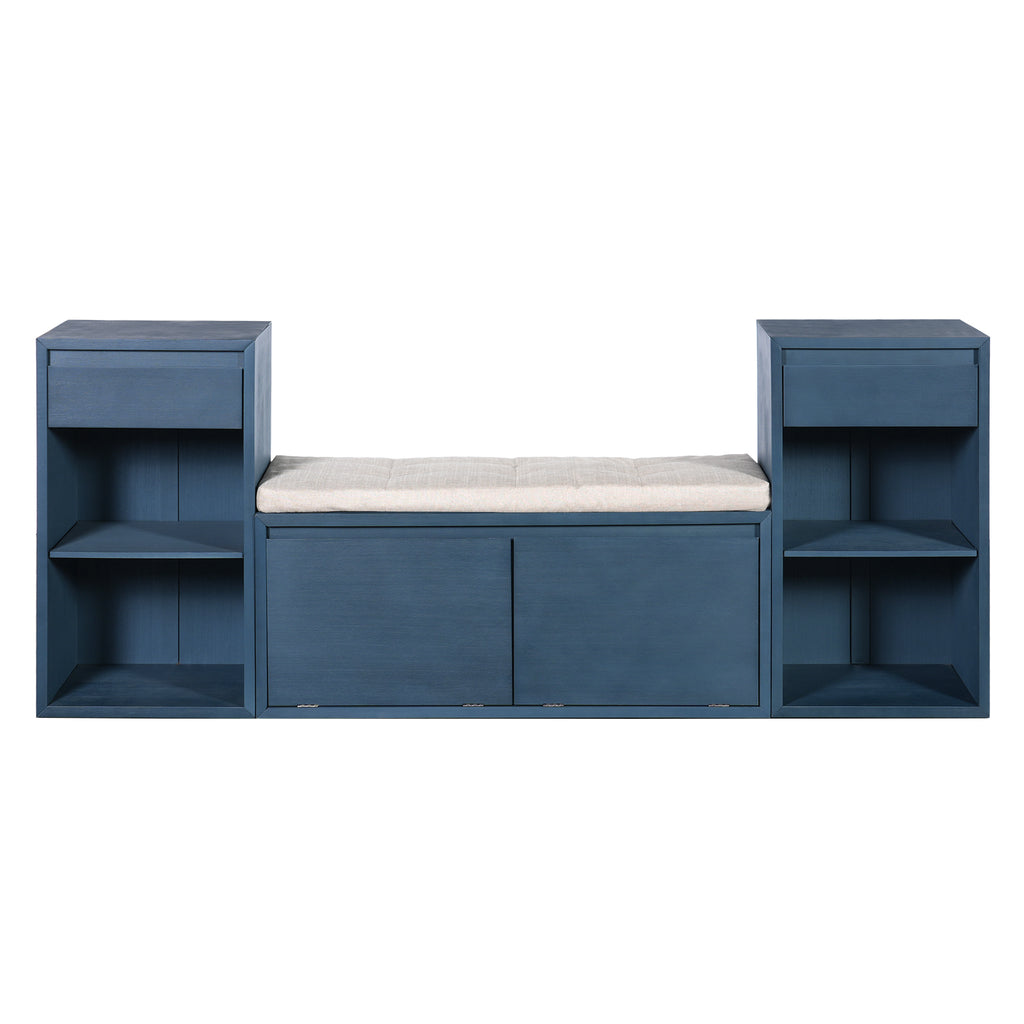 TREXM All-in-One Entryway Storage Bench with Cushion, Compartments, Drawers & Open Shelves in Antique Navy, Pine Wood+MDF, 77.48L x 14.02W x 31.5H inches