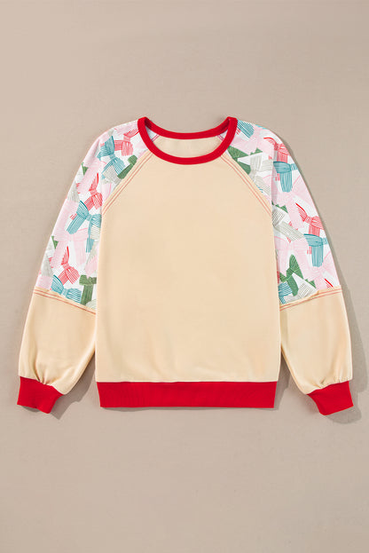 Beige Bowknot Print Patchwork Raglan Sleeve Top