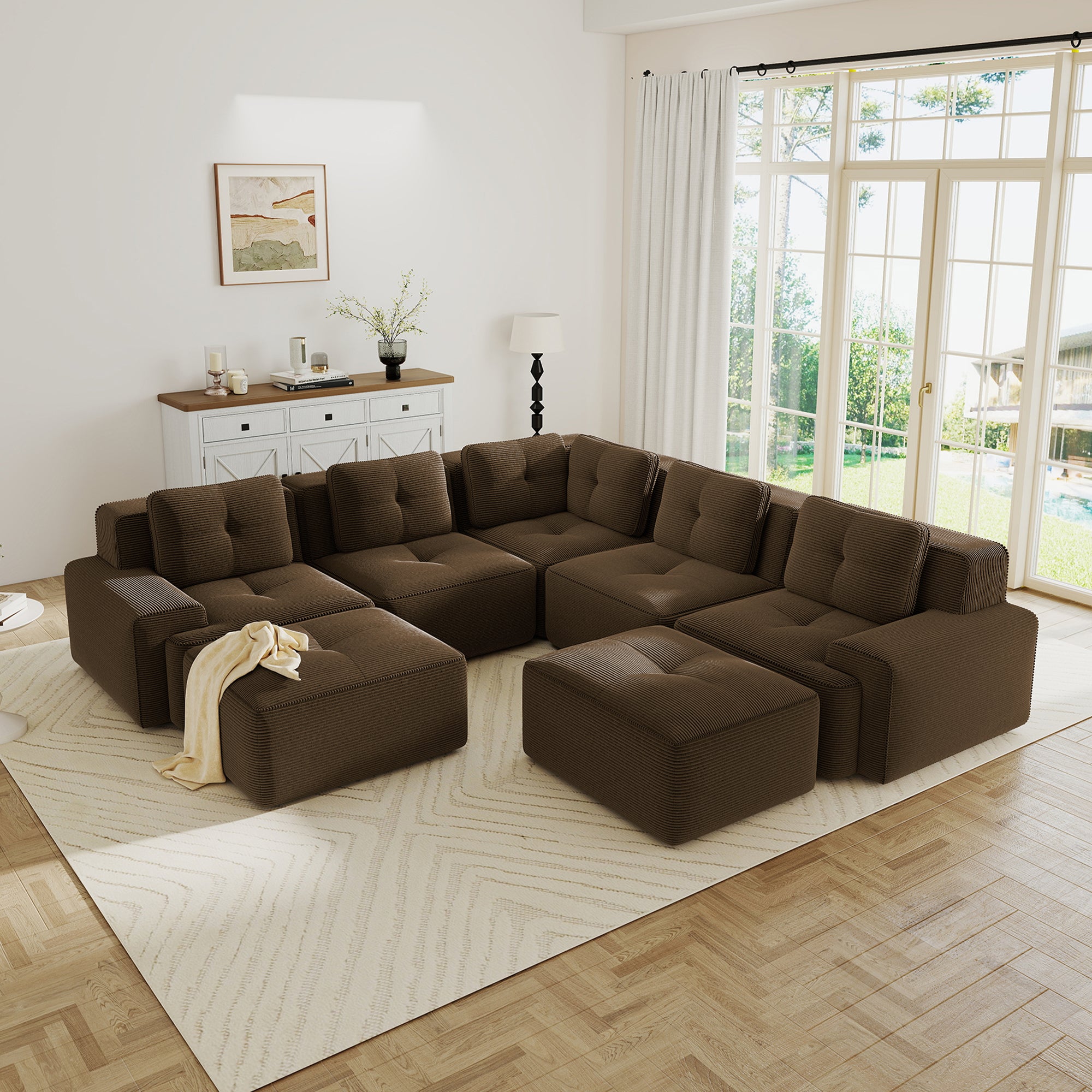 Modular Sectional Sofa with 5-Seater,V Shaped Corner Couch,Corduroy Fabric,2 Movable Ottomans, Deep Seat for Living Room, Pearl-like piping, Tufted Design, No Assembly, Anti-slip Design,Brown