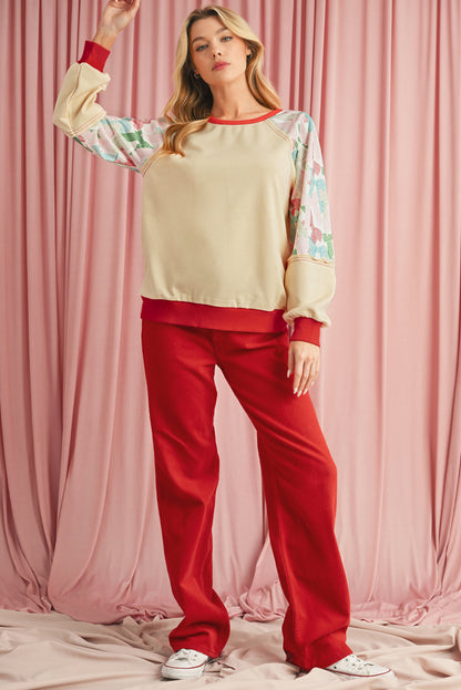 Beige Bowknot Print Patchwork Raglan Sleeve Top