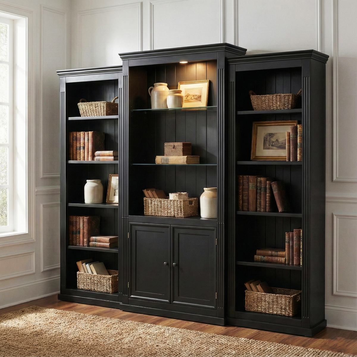 78.75'' Tall 3-Pieces Bookcase, Display Cabinet with 5 Colors Adjustable LED Ceiling Light, Retro style Bookshelves with tempered glass shelves for Living Room, Office, Studio or Workspace, Black