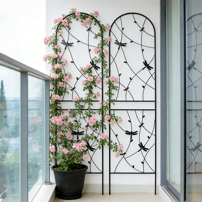 2 Pack Metal Garden Trellis 86.7' x 19.7' Rustproof Trellis for Climbing Plants Outdoor Flower Support Dragonfly Deco Black