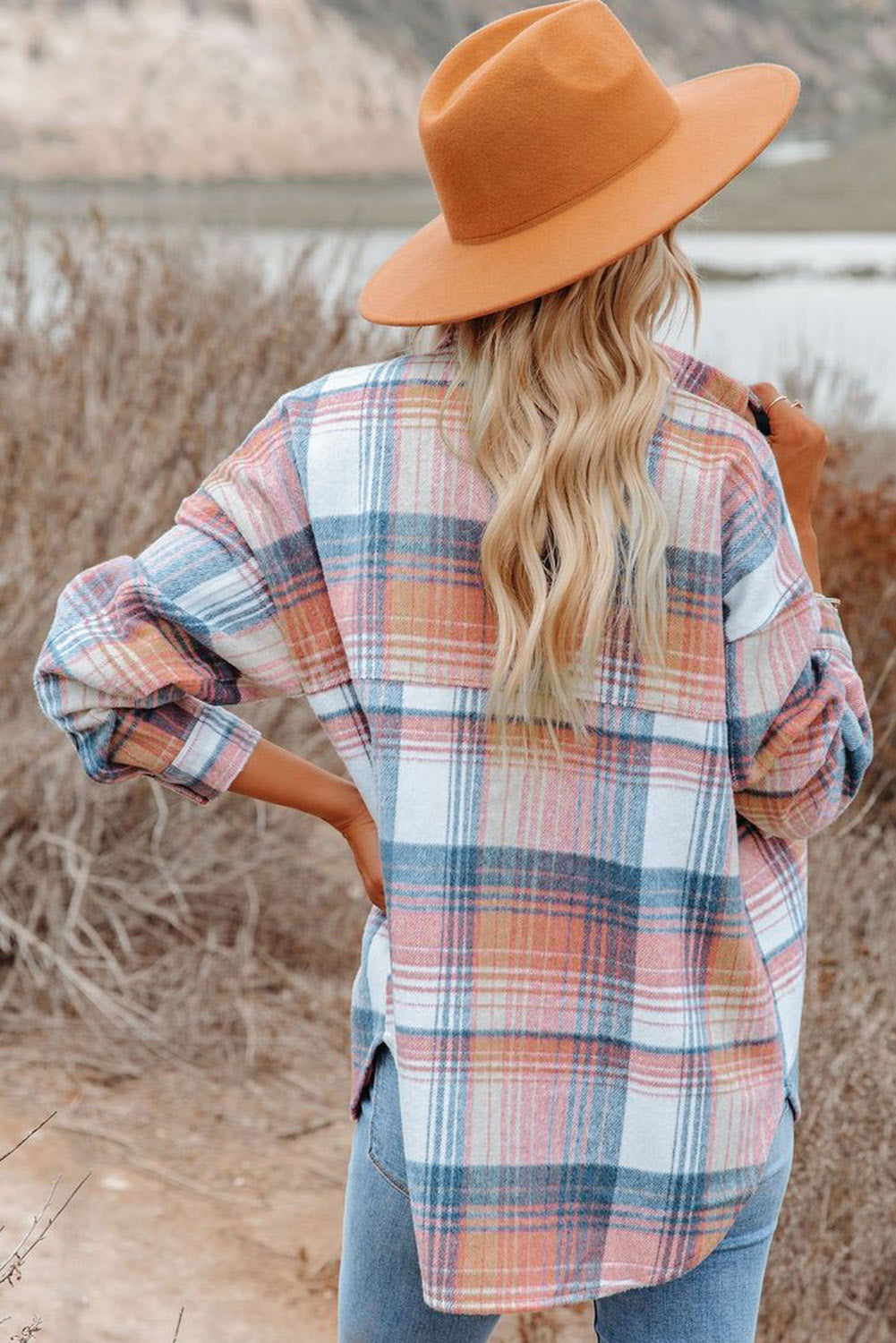 Pink & Grey Plaid Button Up Collared Flannel Shacket - Eloy Royal