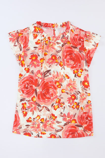 Red Plus Size Watercolor Floral Print Frill Neck Blouse - Eloy Royal