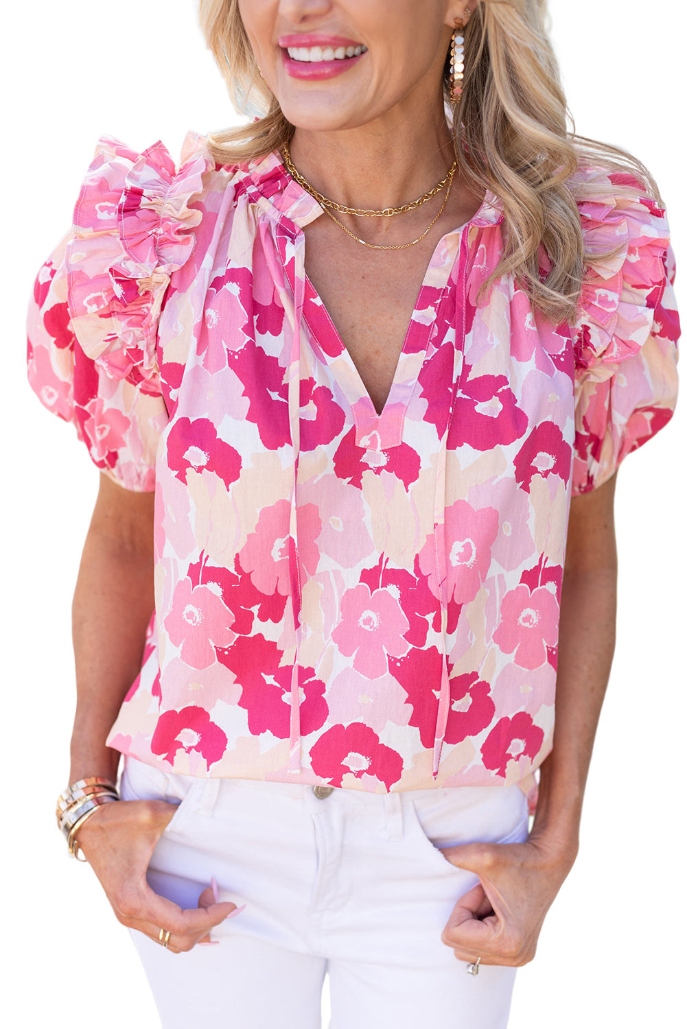 Pink Split Neck Ruffled Puff Sleeves Floral Top - Eloy Royal