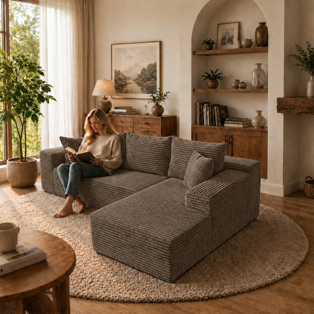 Modern Coffee L-Shaped Sectional Sofa with Right-Facing Chaise Lounge, 3-Seater Corduroy Couch with Compressed Sponge Filling for Living Room, Apartment, or Office