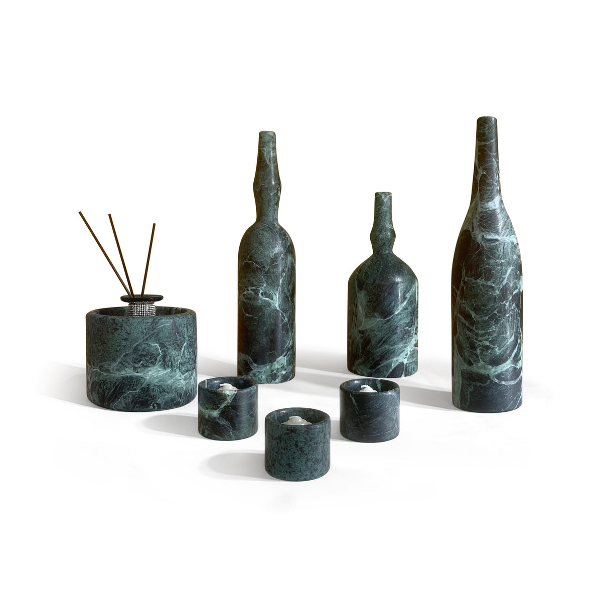 Diamond Green Natural Marble Living Room Accessories Set, Luxury 7 Pcs Genuine Marble, Real Marble