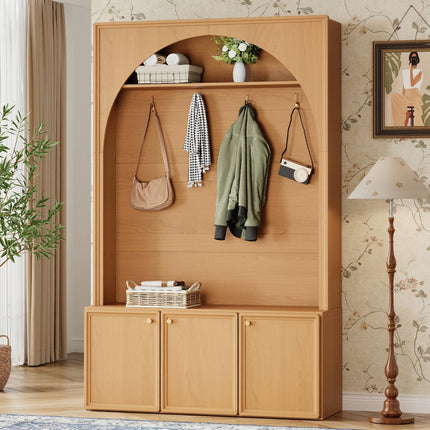 ON-TREND Farmhouse All-in-One Hall Tree with Adjustable Shelves, Retro Arched Entryway Storage Bench with 3 Cabinets, Wooden Coat Rack Organizer with 4 Golden Hooks for Mudroom, Hallway, Natural/Teak