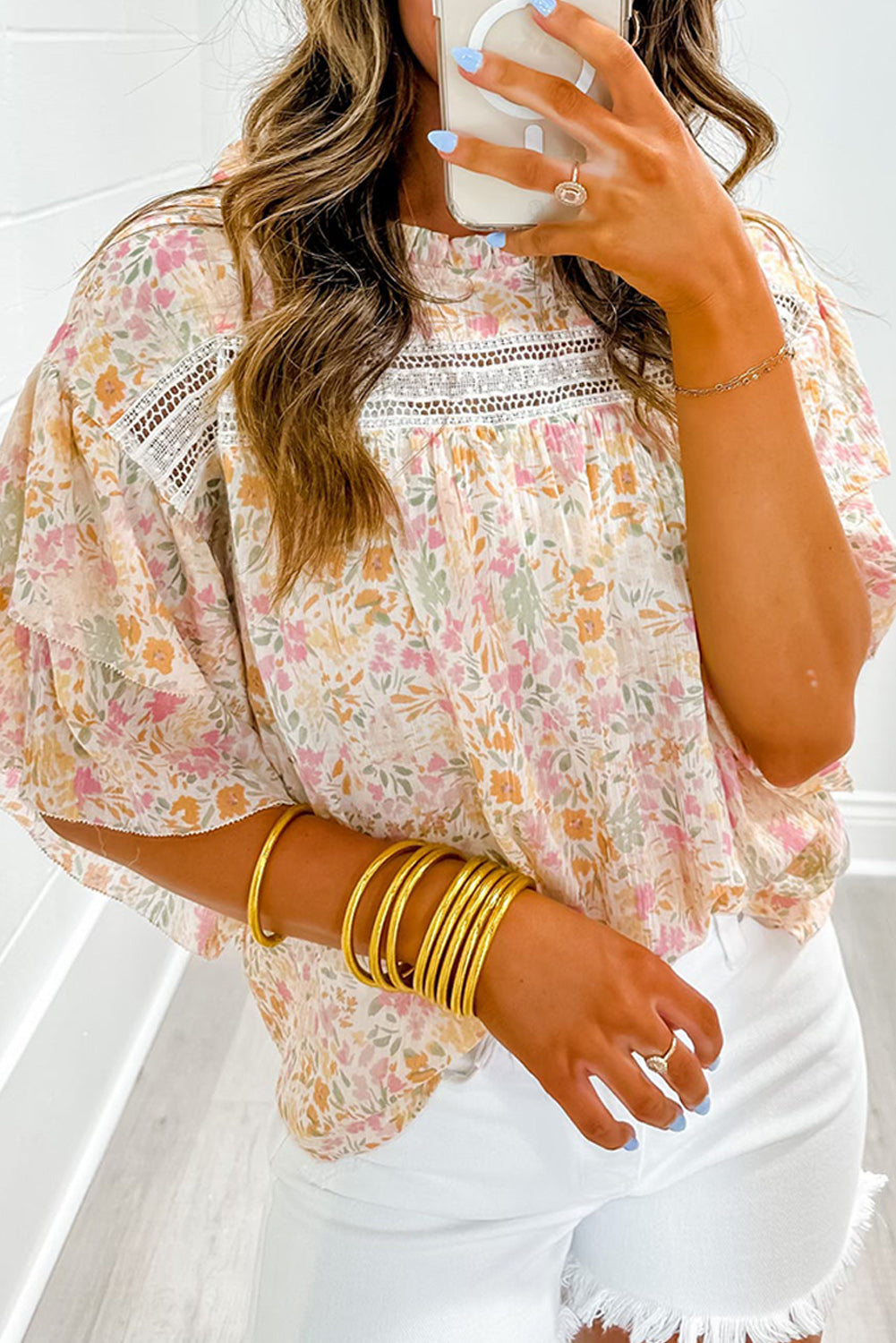 Multicolor Floral Print Wide Batwing Sleeves Blouse - Eloy Royal