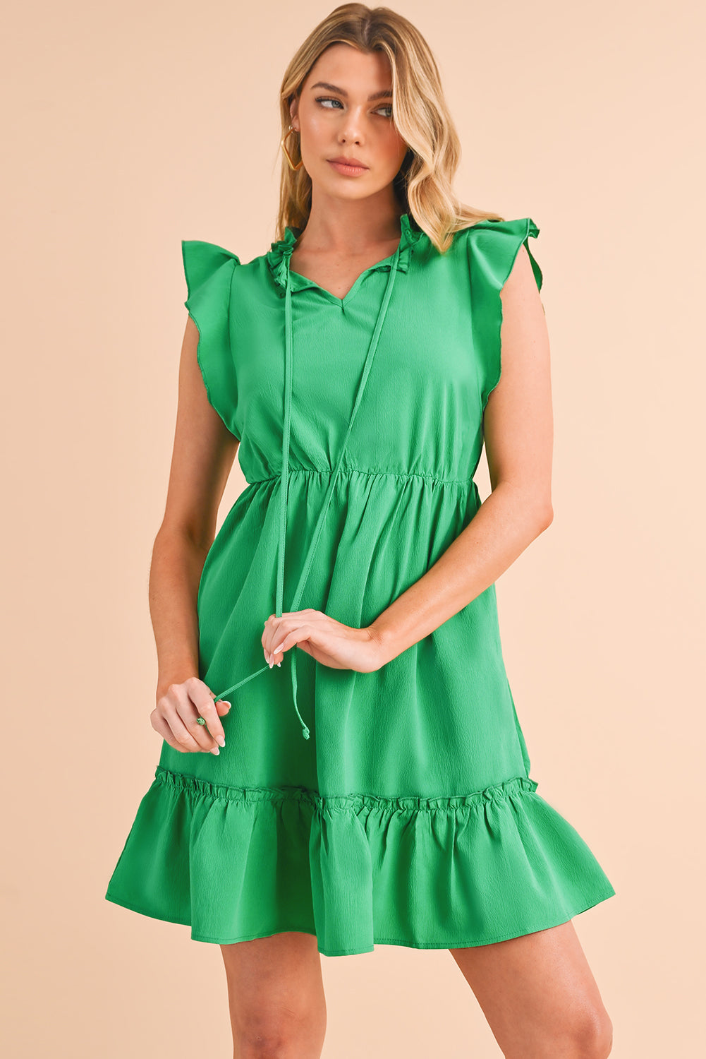 Bright Green Split V Neck Elastic Waist Ruffled Mini Dress - Eloy Royal