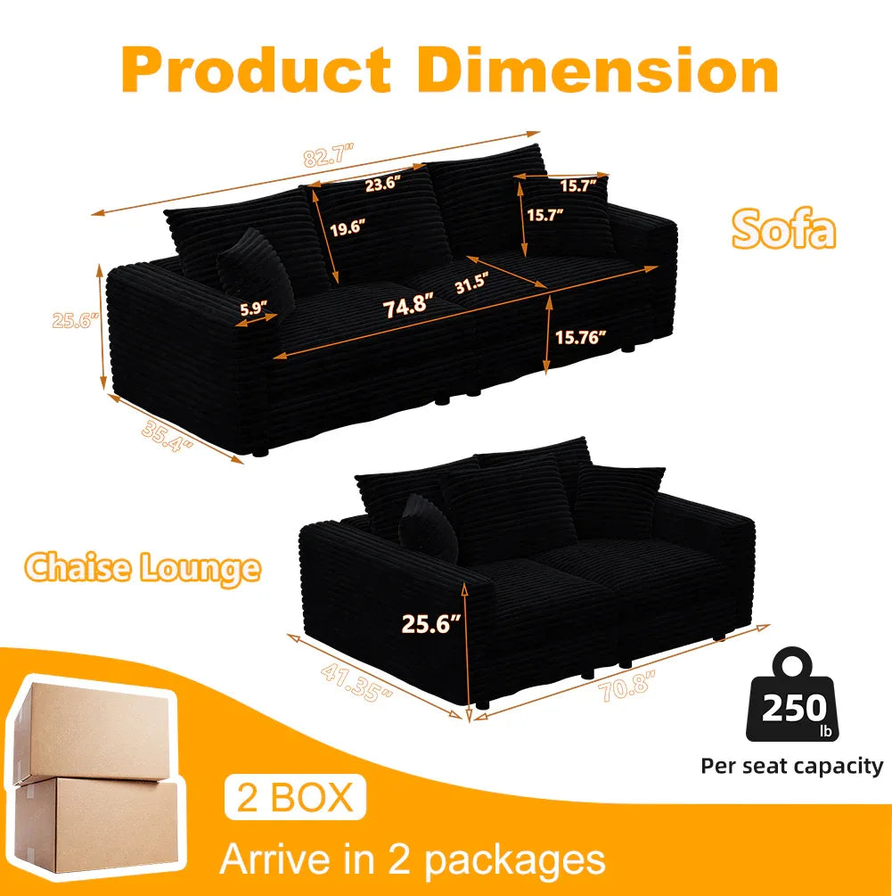 82.7 'Plush Corduroy 3-Seat Sofa,Modern Comfy Upholstered Sofa Cloud Couch,Deep Seat Couches with Soft Pillows and 3 Ottomans,Convertible Sofa Lounge Chair,Black - Eloy Royal
