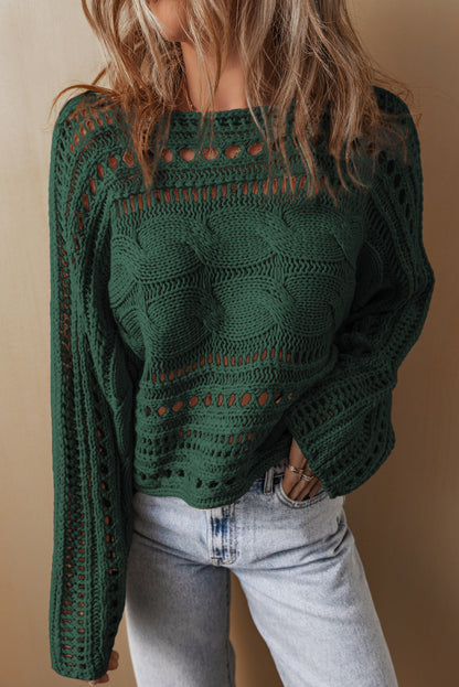 Blackish Green Hollow Out Cable Knit Cropped Sweater