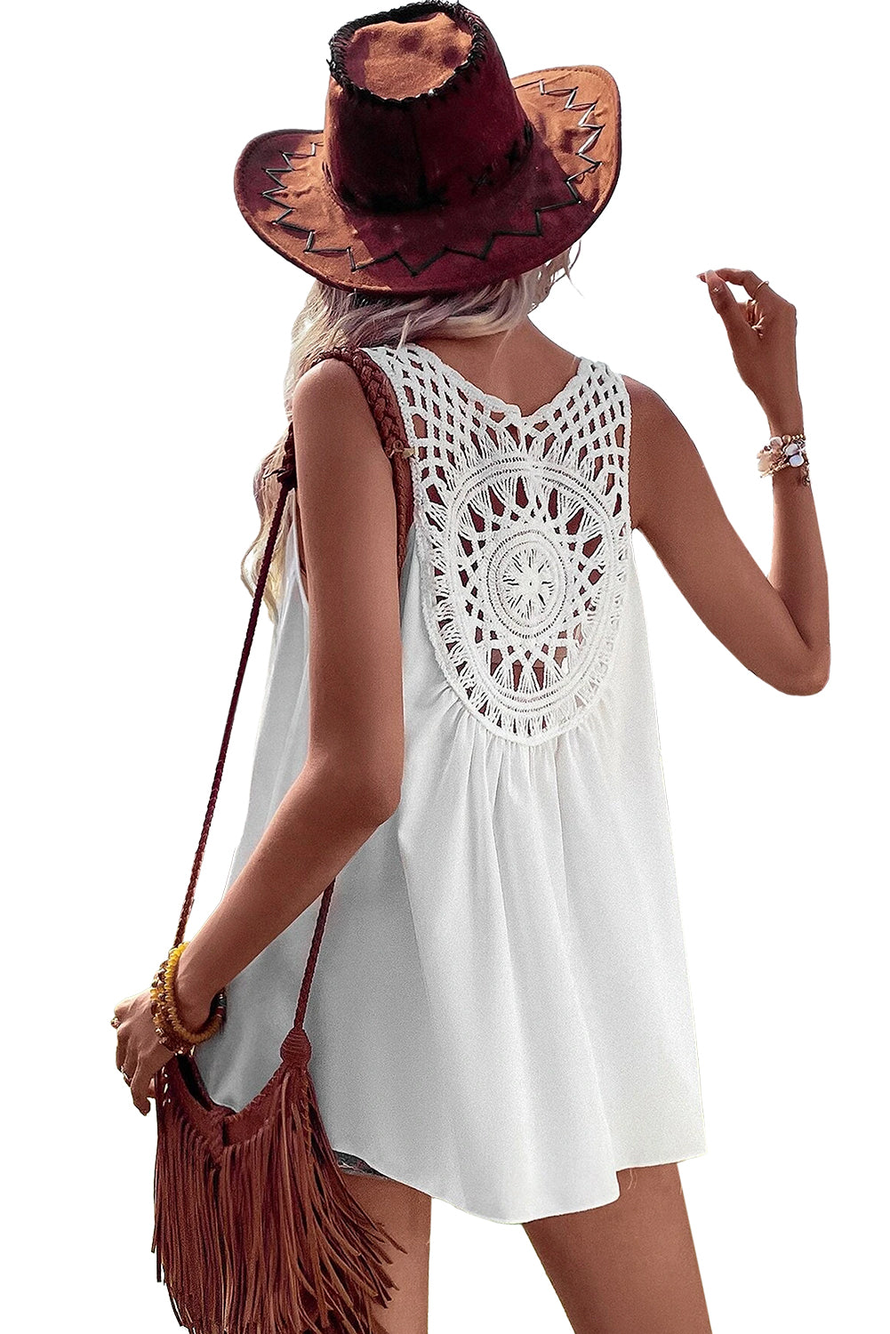 White Bohemian Crochet Sleeveless Tunic Top - Eloy Royal