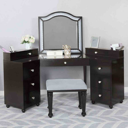 Glam Style 1pc Vanity w/ Stool Set 8mm Glass Top Storage Drawers LED On Mirror Obsidian Gray Finish Bedroom Furniture