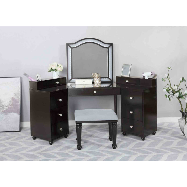 Glam Style 1pc Vanity w/ Stool Set 8mm Glass Top Storage Drawers LED On Mirror Obsidian Gray Finish Bedroom Furniture