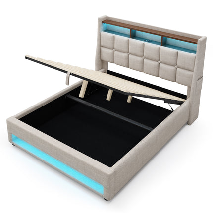 Vintage Modern Upholstered Platform Bed with Hydraulic Storage, LED Lighting & Charging Station, Natural Linen Finish, Wood and Metal Frame, Full Size