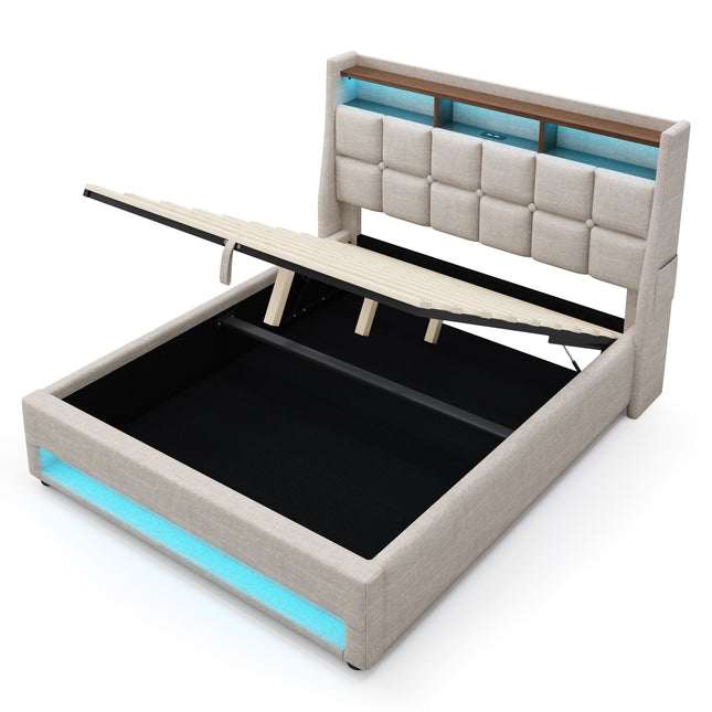 Vintage Modern Queen Upholstered Platform Bed with Hydraulic Storage, LED Lighting & Charging Station in Natural Finish, Linen and Wood Frame